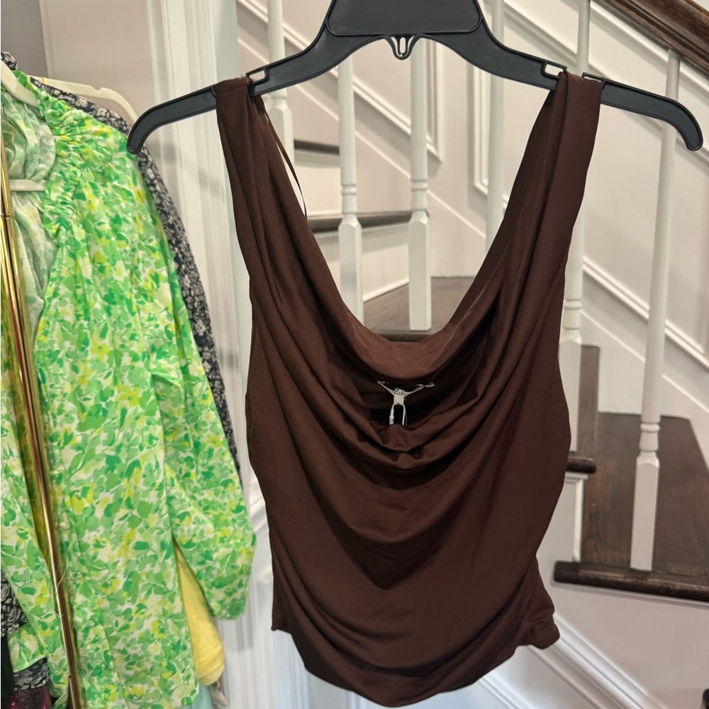 NIA Brown Sleeveless Draped Tank Top